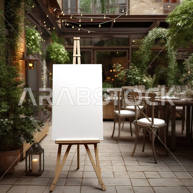 موك أب أبيض كبير، قماش فارغ على حامل خشبي مجهز للتخطيط والرسومات الفنية، الجلسات الهادئة للاستمتاع بفن الرسم، كافيهات ومطاعم في المملكة العربية السعودية، الاهتمام بنباتات الزينة الخضراء في المقهى