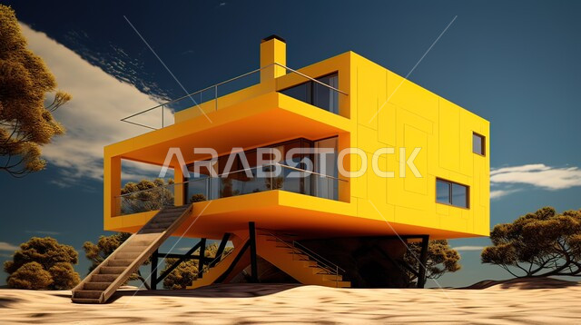 تصاميم عصرية مميزة، منزل على الطراز الحديث في إحدى المناطق الساحلية السياحية، الأشجار والنباتات الخضراء في الأماكن الطبيعية، الفن الهندسي المعماري للشقق و الفلل السكنية الفاخرة، الرمال الذهبية الشاطئية الناعمة، خلفية الطبيعه