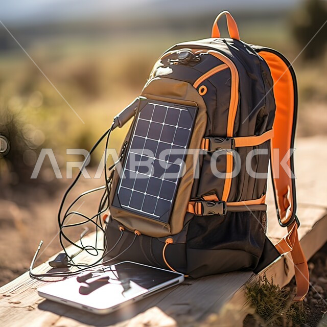 A backpack for picnics and camping trips in nature, a solar panel to charge the phone with electrical energy, a mobile phone on a wooden base, green natural places in the Kingdom of Saudi Arabia, using modern and advanced technologies.