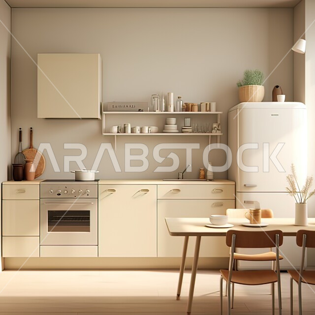  ديكور داخلي لمطبخ عربي سعودي داخل شقة سكنية، اثاث منزلي أنيق ومميز، فلل وشقق سكنية عصرية, استخدام الألوان المريحة والأنيقة، التطور والتصميم المعماري الهندسي الحديث، مفهوم الاعتناء بنظافة وأناقة المنزل