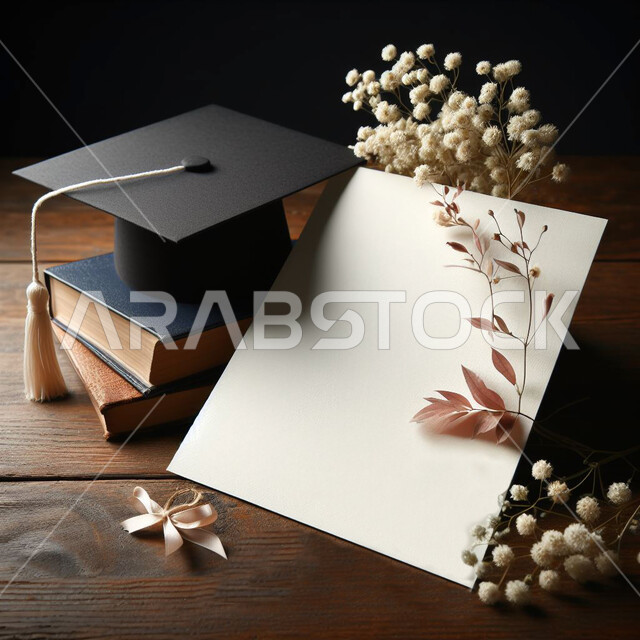 ورقة بيضاء فارغة، بطاقة تهنئة بمناسبة النجاح وانتهاء المرحلة الدراسية، قبعة تخرج على قاعدة خشبية، الورود والازهار الملونة، كتابة إهداءات وتهنئات، التخرج من المدارس والجامعات في المملكة العربية السعودية