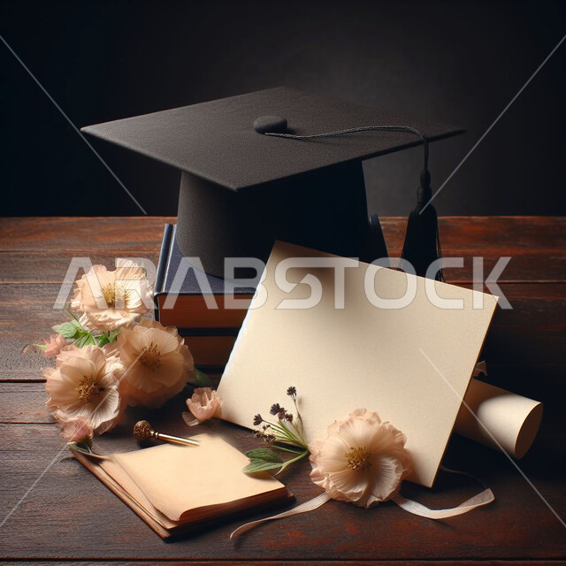 بطاقة تهنئة بانتهاء المرحلة الدراسية، قبعة تخرج على قاعدة خشبية، الورود والازهار الملونة، أوراق بيضاء فارغة، كتابة إهداءات وتهنئات، التخرج من المدارس والجامعات في المملكة العربية السعودية