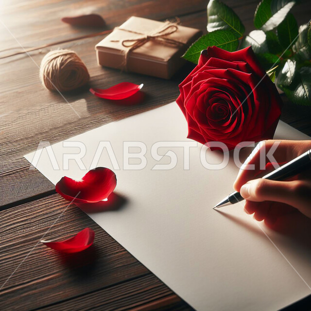 بطاقة تهنئة بمناسبة ذكرى الزواج، كتابة إهداءات ومذكرات وعبارات رومانسية، صورة مقربة ليد تمسك القلم للرسم على ورقة بيضاء فارغة على قاعدة خشبية، الورود والازهار الحمراء للاحتفال بعيد الحب، الاهتمام بالمناسبات الخاصة