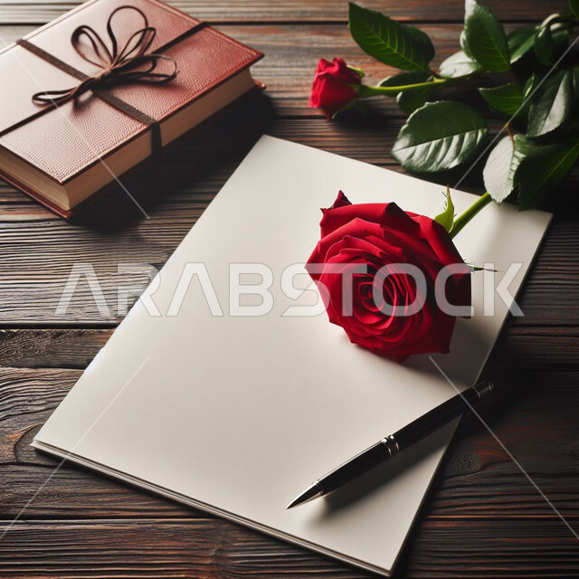 كتابة إهداءات ومذكرات وعبارات رومانسية، ورقة بيضاء فارغة على قاعدة خشبية، بطاقة تهنئة بمناسبة ذكرى الزواج، الورود والازهار الحمراء للاحتفال بعيد الحب، الاهتمام بالمناسبات الخاصة