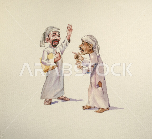 Arts and crafts, drawings of cartoon characters, drawing of ancient Arabic fairy tales, imaginings of traditional folk stories, white background