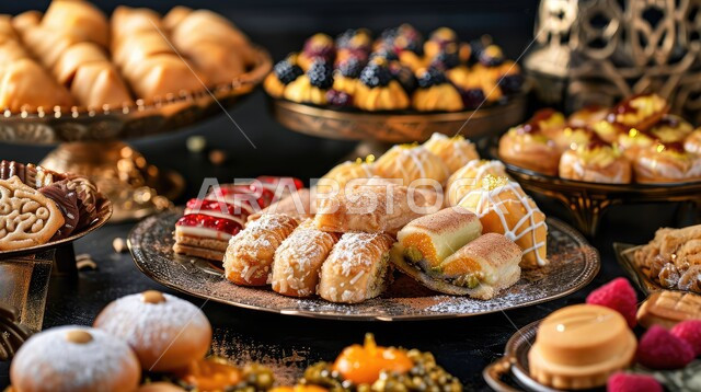 قطع الحلوى الشهية، ضيافة رمضانية لذيذة، حلى العيد السعودي بالفستق والمكسرات، أطباق من الحلويات العربية الشرقية، مأكولات غنية بالسكريات والسعرات الحرارية