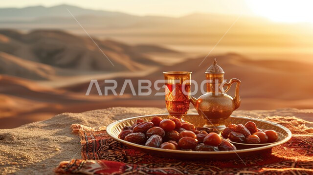 رطب من نخيل المملكة العربية السعودية، خلفية الطبيعة الصحراوية، محاصيل ومنتجات زراعية محلية وطنية سعودية، صورة مقربة لطبق نحاسي مليء بالتمر السكري الصحي الطازج، وجبة ذات قيمة غذائية عالية، ضيافة رمضانية لذيذة