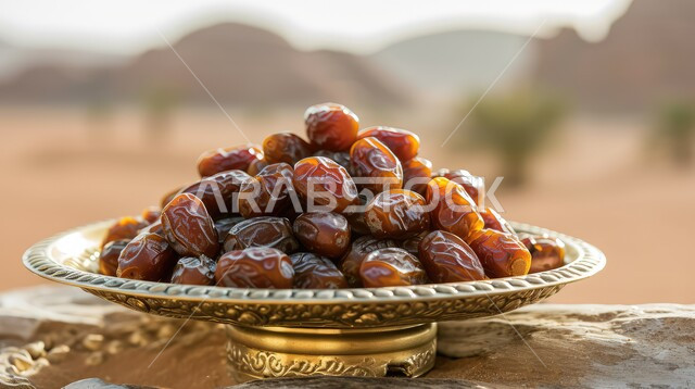 صورة مقربة لطبق نحاسي مليء بالتمر السكري الصحي الطازج، وجبة ذات قيمة غذائية عالية، ضيافة رمضانية لذيذة، رطب من نخيل المملكة العربية السعودية، خلفية الطبيعة الصحراوية، محاصيل ومنتجات زراعية محلية وطنية سعودية