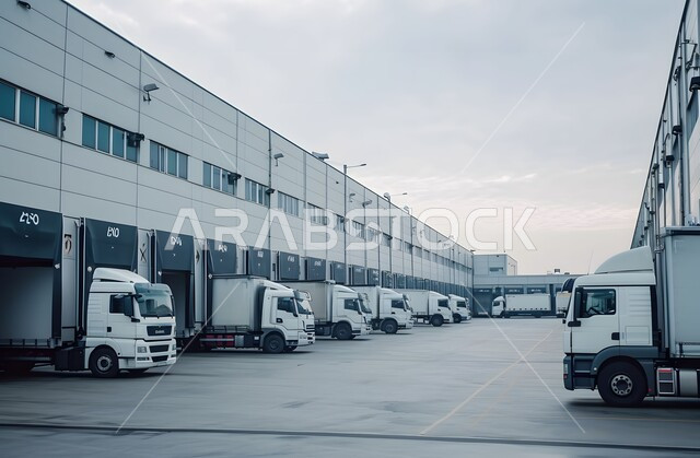 مجموعه من الشاحنات الضخمة تقف في الخارج، مفهوم الخدمات اللوجستية في المملكه العربية السعودية، خدمة نقل البضائع, وسائل النقل والمواصلات التجارية