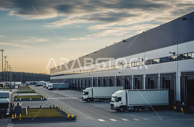 خدمة نقل البضائع, وسائل النقل والمواصلات التجارية، مجموعه من الشاحنات الضخمة تقف في الخارج، مفهوم الخدمات اللوجستية في المملكه العربية السعودية, خلفية السماء المليئة بالغيوم