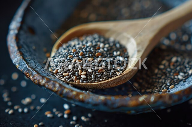 وجبات فطور صحية ذات قيمة غذائية عالية، ملعقة خشبية مليئة ببذور الشيا المفيدة، مكونات طبيعية لاتباع نظام غذائي صحي، منتج ومحصول وطني محلي سعودي