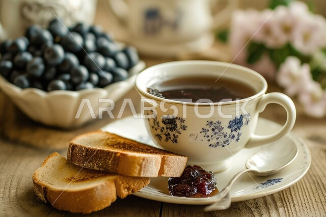 سناك صحي خفيف، وجبة الفطور الصباحية الشهية، كوب من الشاي الساخن مع التوست المحمص، معجنات ومخبوزات لذيذة، جلسات هادئة وراقية