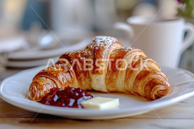 مخابز ومطاعم عربية خليجية سعودية، وجبة فطور عربية ، وصفات المعجنات والمخبوزات والحلويات، صورة مقربة لطبق الكرواسون الهش مع الزبدة ومربى الفواكه الطازجة