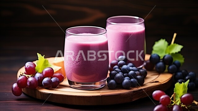 كوكتيل صيفي منعش ومثلج، صورة مقربة لكوبين من عصير فاكهه العنب الأسود اللذيذة، مشروب بارد خليط من الفواكه والحليب، مشروبات باردة وعصائر طبيعية لذيذة، عصير صحي ومفيد