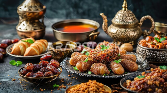 Delicious candy bars, delicious Ramadan hospitality, Saudi Eid desserts with pistachios and nuts, dishes of oriental Arab sweets, foods rich in sugars and calories.