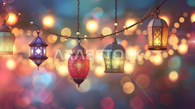 Greeting cards on the occasion of holidays and religious occasions, a Ramadan and Islamic spiritual background, colorful hanging lanterns and traditional Islamic artifacts to celebrate the coming of the month of goodness, a luminous decorative metal Arabic lantern