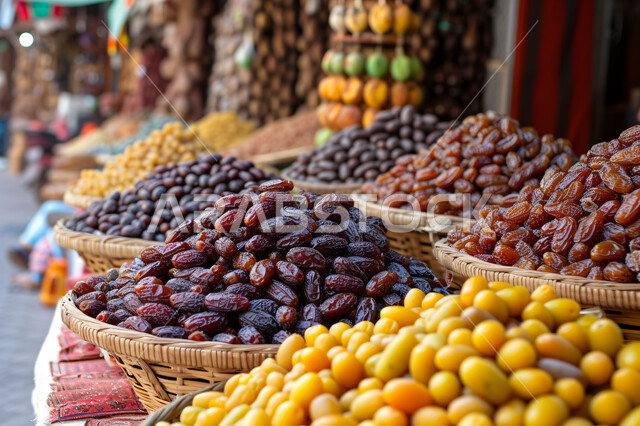 أسواق شعبية تقليدية لبيع الرطب من نخيل المملكة العربية السعودية، محاصيل ومنتجات زراعية محلية وطنية سعودية، سلل القش المليئة بأنواع التمور الصحية الطازجة، وجبة ذات قيمة غذائية عالية، ضيافة رمضانية لذيذة