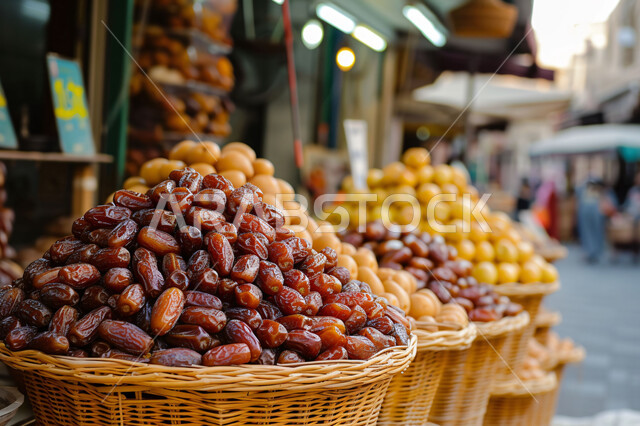Straw baskets filled with fresh, healthy dates, a meal with high nutritional value, delicious Ramadan hospitality, traditional popular markets selling dates from the palm trees of the Kingdom of Saudi Arabia, local Saudi national agricultural crops and products.