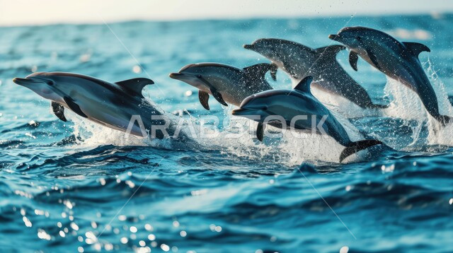 مفهوم الحياة المائية، مجموعة من الدلافين المرحة تقفز في أعماق البحار والمحيطات، الثروة السمكية في البحر الاحمر، الاسماك البحرية في الخليج العربي، حيوانات ثدية ذكية واجتماعية من فصيلة الحيتانيات