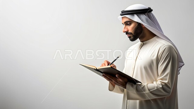Expressions and gestures of concentration and integration, writing down, recording, and writing notes and ideas, close-up portrait of a Saudi Gulf Arab man wearing a ghutra and traditional thobe, holding a notebook and pen in his hands, white background.