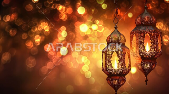 تحف واكسسوارات اسلامية تقليدية للاحتفال بقدوم شهر الخير، بطاقات تهنئة بمناسبة الأعياد، زينة المناسبات الدينية، خلفية رمضانية وروحانية إسلامية، فوانيس معلقة ذهبية مضيئة