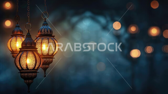 Luminous golden hanging decorative lanterns, traditional Islamic antiques and accessories to celebrate the coming of the month of goodness, greeting cards on the occasion of the holidays, decorations for religious occasions, Ramadan background and Islamic spirituality