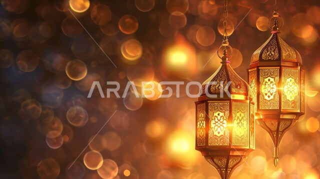 Luminous golden hanging decorative lanterns, traditional Islamic antiques and accessories to celebrate the coming of the month of goodness, greeting cards on the occasion of the holidays, decorations for religious occasions, Ramadan background and Islamic spirituality