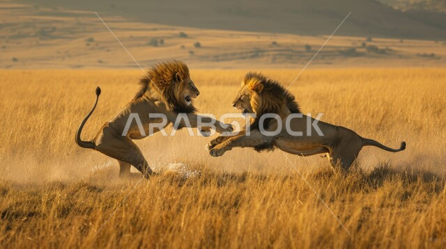 إيماءات القوة والشراسة، محميات طبيعية لتربية الحيوانات الشرسة والمفترسة، حيوانا الأسد يتعاركان في الطبيعة الصحراوية، مفهوم الحياة البرية، حدائق الحيوانات في المملكة العربية السعودية