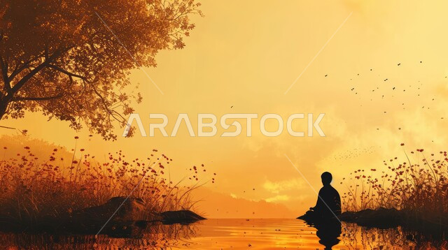 الاسترخاء والاستجمام والاستمتاع بالهدوء, صورة ظلية من الخلف لشاب عربي خليجي سعودي يجلش على ضفة النهر يتأمل المناظر الطبيعية وقت غروب الشمس, أماكن سياحية في المملكة العربية السعودية