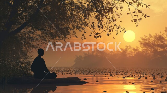 تأمل المناظر الطبيعية وقت غروب الشمس, الاسترخاء والاستجمام والاستمتاع بالهدوء, صورة ظلية من الخلف لشاب عربي خليجي سعودي يجلش على ضفة النهر، أماكن سياحية في المملكة العربية السعودية