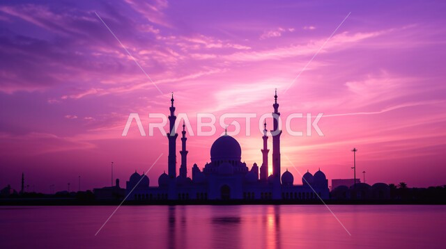Calling Muslims to prayer, worship and getting closer to God, silhouette of a mosque at sunset, Islamic religious monuments in the Kingdom of Saudi Arabia, architectural engineering art of minarets and domes in the Islamic style, Salulite