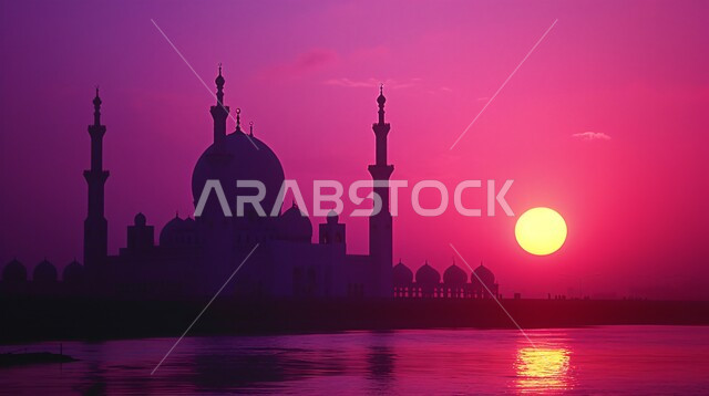 العباده والتقرب إلى الله, دعوة المسلمين إلى الصلاه, صورة ظليه لمسجد في وقت الغروب, المعالم الدينيه الإسلاميه في المملكه العربيه السعوديه,  الفن الهندسي المعماري للمآذن والقبب على الطراز الإسلامي، سالوليت