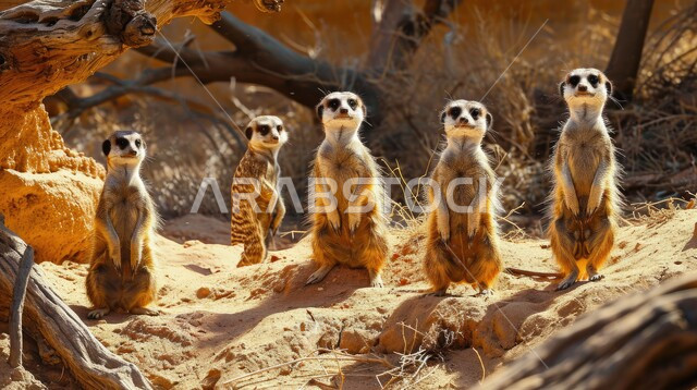حيوان النمس في المناطق الصحراوية، مجموعة من السرقاط (الميركات) في إحدى المحميات الطبيعيه في المملكة العربية السعودية، مفهوم الحياة البرية، تربية ورعاية الثديات في حدائق الحيوانات