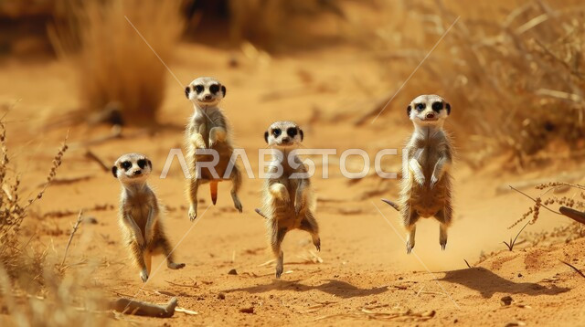 حيوان النمس في المناطق الصحراوية، مجموعة من السرقاط (الميركات) في إحدى المحميات الطبيعيه في المملكة العربية السعودية، مفهوم الحياة البرية، تربية ورعاية الثديات في حدائق الحيوانات