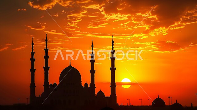 دعوة المسلمين إلى الصلاه, العباده والتقرب إلى الله, صورة ظليه لمسجد في وقت الغروب, المعالم الدينيه الإسلاميه في المملكه العربيه السعوديه,  الفن الهندسي المعماري للمآذن والقبب على الطراز الإسلامي، سالوليت