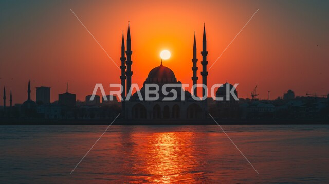 المعالم الدينيه الإسلاميه في المملكه العربيه السعوديه, دعوة المسلمين إلى الصلاه, العباده والتقرب إلى الله, صورة ظليه لمسجد مطل على البحر في وقت الغروب, الفن الهندسي المعماري للمآذن والقبب على الطراز الإسلامي، سالوليت