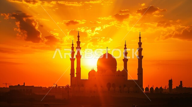 دعوة المسلمين إلى الصلاه, العباده والتقرب إلى الله, صورة ظليه لمسجد في وقت الغروب, المعالم الدينيه الإسلاميه في المملكه العربيه السعوديه,  الفن الهندسي المعماري للمآذن والقبب على الطراز الإسلامي، سالوليت