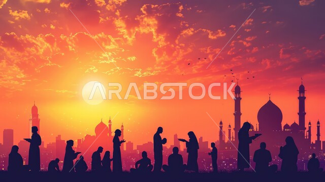 دعوة المسلمين إلى الصلاه والعباده والتقرب إلى الله, صورة ظليه لمجموعة من الأشخاص أمام مسجد في وقت الغروب, المعالم الدينيه الإسلاميه في المملكه العربيه السعوديه,  الفن الهندسي المعماري للمآذن والقبب على الطراز الإسلامي، سالوليت