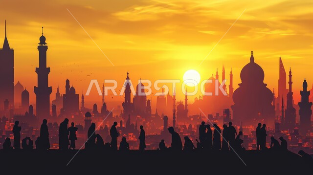 الفن الهندسي المعماري للمآذن والقبب على الطراز الإسلامي، دعوة المسلمين إلى الصلاه والعباده والتقرب إلى الله, صورة ظليه لمجموعة من الأشخاص أمام مسجد في وقت الغروب, المعالم الدينيه الإسلاميه في المملكه العربيه السعوديه, سالوليت