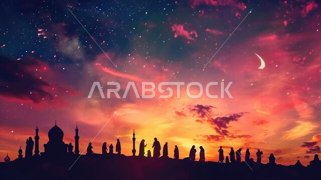 دعوة المسلمين إلى الصلاه والعباده والتقرب إلى الله, صورة ظليه لمجموعة من الأشخاص أمام مسجد في وقت الغروب, المعالم الدينيه الإسلاميه في المملكه العربيه السعوديه,  الفن الهندسي المعماري للمآذن والقبب على الطراز الإسلامي، سالوليت