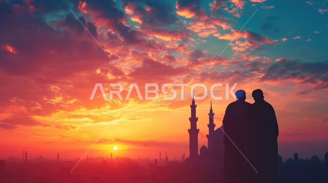 منظر السماء المليئة بالغيوم والسحب, صورة ظليه لرجلين عربيين خليجيين سعوديين أمام مسجد في وقت الغروب, المعالم الدينيه الإسلاميه في المملكه العربيه السعوديه, سالوليت