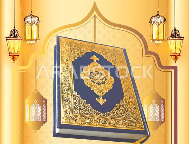 تحف واكسسوارات اسلامية تقليدية للاحتفال بقدوم شهر الخير، صورة مقربة للقرآن الكريم مزخرف بالخط الذهبي، العبادة والتقرب إلى الله تعالى، ديكورات وزينة رمضانية وروحانية إسلامية، فوانيس معلقة ذهبية مضيئة على باب المسجد 