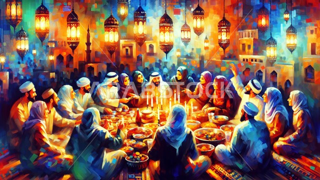 فطور رمضاني عائلي, مائدة إفطار مليئة بأصناف المأكولات الشهية, صورة بالألوان الزيتية والمائية لعربية خليجية سعودية تجلس على سفرة الطعام عند موعد الإفطار في شهر رمضان المبارك, أسرة تجتمع في إحدى المنازل المزينة بديكورات رمضانية، أجواء وعبادات دينية إسلامية
