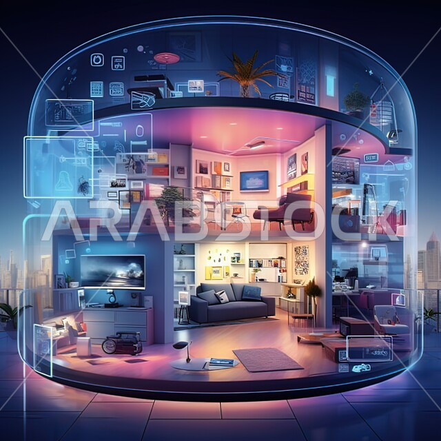 مفهوم التطور ومواكبة الالكترونيات، الديكورات المنزلية الداخلية، مخطط ثلاثي الأبعاد لشقة سكنية بتصميم معماري هندسي حديث، استخدام الاجهزة والتقنيات الذكية في الغرف المكتبية، خلفية رقمية للتكنولوجيا المتطورة