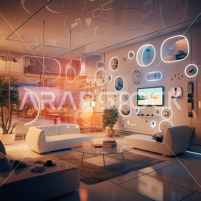 مخطط ثلاثي الأبعاد لشقة سكنية بتصاميم عصرية ،غرفة معيشة فاخرة ، الفن الهندسي المعماري على الطراز الحديث والمتطور، ديكورات داخلية وأثاث منزلي متميز، خلفية رقمية للأجهزة والتكنولوجيا المتطورة