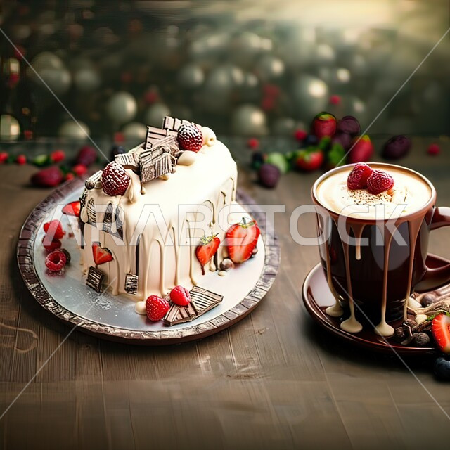 حلويات باردة لذيذة، قطع الحلوى مع الكريمة الشهية, كوب من الكابتشينو والكاتو على طاولة خشبية، طبق من حلا الكيك المزين بقطع الفراولة والشوكولاته والتوت البري, سكريات و أطعمه ذات سعرات حراريه عاليه