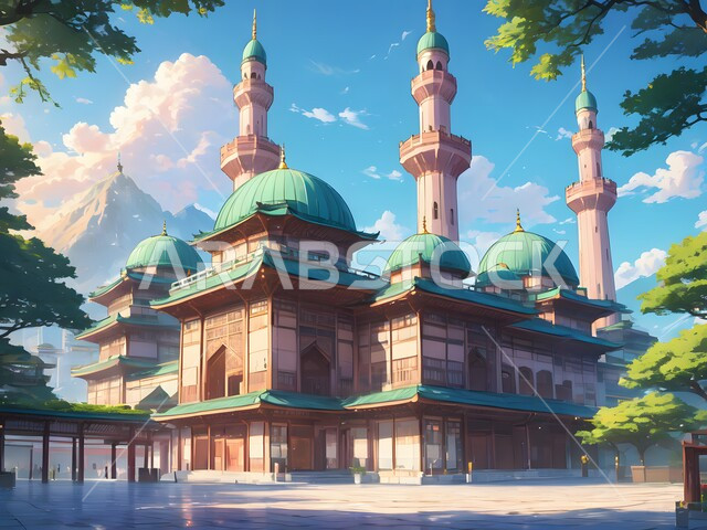 تصميم لجامع إسلامي على الطراز العريق، رسم توضيحي لمسجد محاط بالأشجار المورقة، السماء المليئة بالغيوم والسحب البيضاء، ديكورات وتصاميم اسلامية مرسومة على طريقة الأنمي، الفن الهندسي المعماري