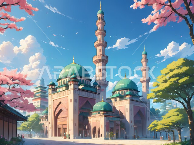 رسم توضيحي لمسجد محاط بالأشجار المورقة، السماء المليئة بالغيوم والسحب البيضاء، ديكورات وتصاميم اسلامية مرسومة على طريقة الأنمي، الفن الهندسي المعماري، تصميم لجامع إسلامي على الطراز العريق