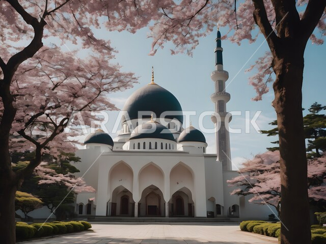 ديكورات وتصاميم اسلامية مرسومة على طريقة الأنمي، تصميم لجامع إسلامي على الطراز العريق، رسم توضيحي لمسجد محاط بالأشجار الكرز، الفن الهندسي المعماري