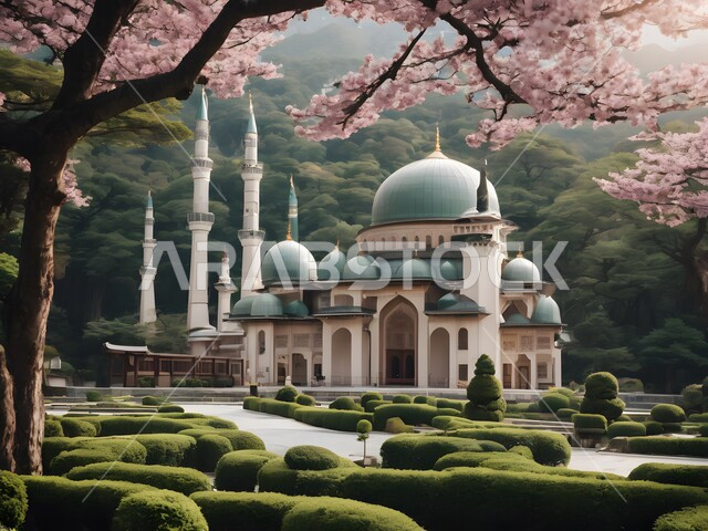 الفن الهندسي المعماري، ديكورات وتصاميم اسلامية مرسومة على طريقة الأنمي، تصميم لجامع إسلامي على الطراز العريق، رسم توضيحي لمسجد محاط بالطبيعة الخضراء والأشجار الربيعية الوردية
